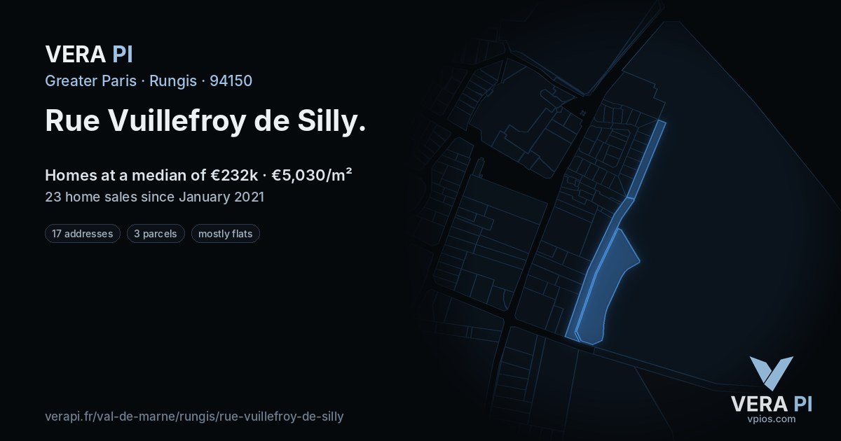 Rue Vuillefroy de Silly, Rungis at night – every parcel coloured by the prices around it, the street's own parcels lit