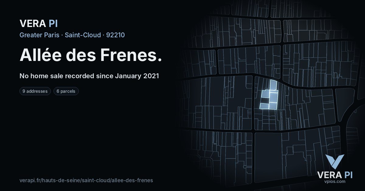 Allée des Frenes, Saint-Cloud at night – every parcel coloured by the prices around it, the street's own parcels lit