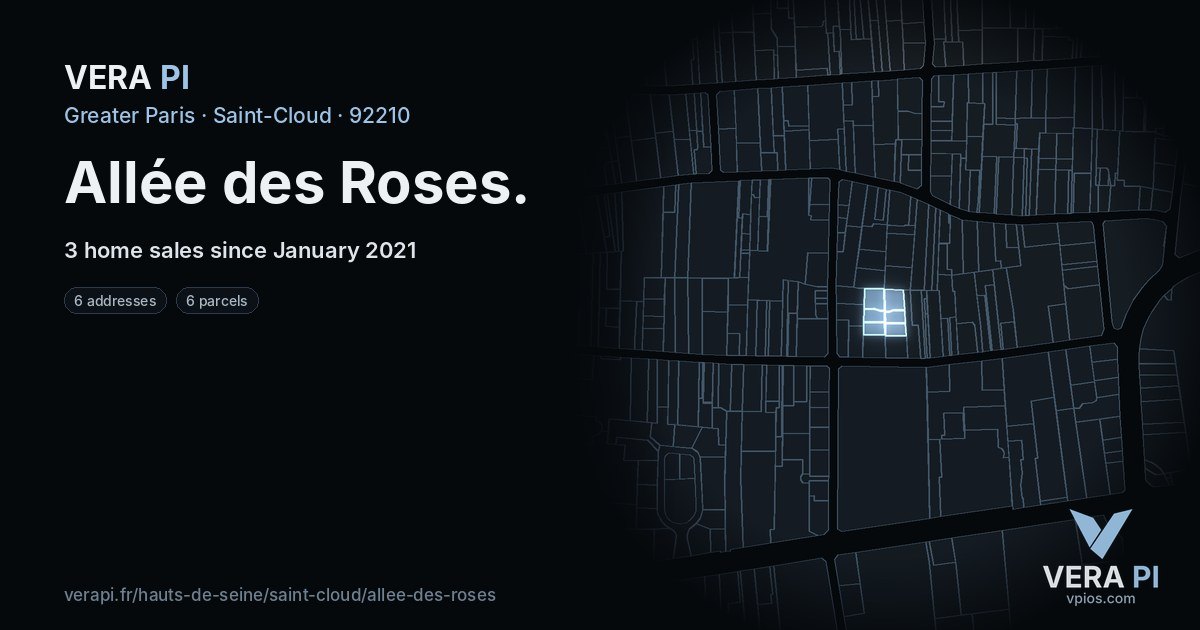 Allée des Roses, Saint-Cloud at night – every parcel coloured by the prices around it, the street's own parcels lit