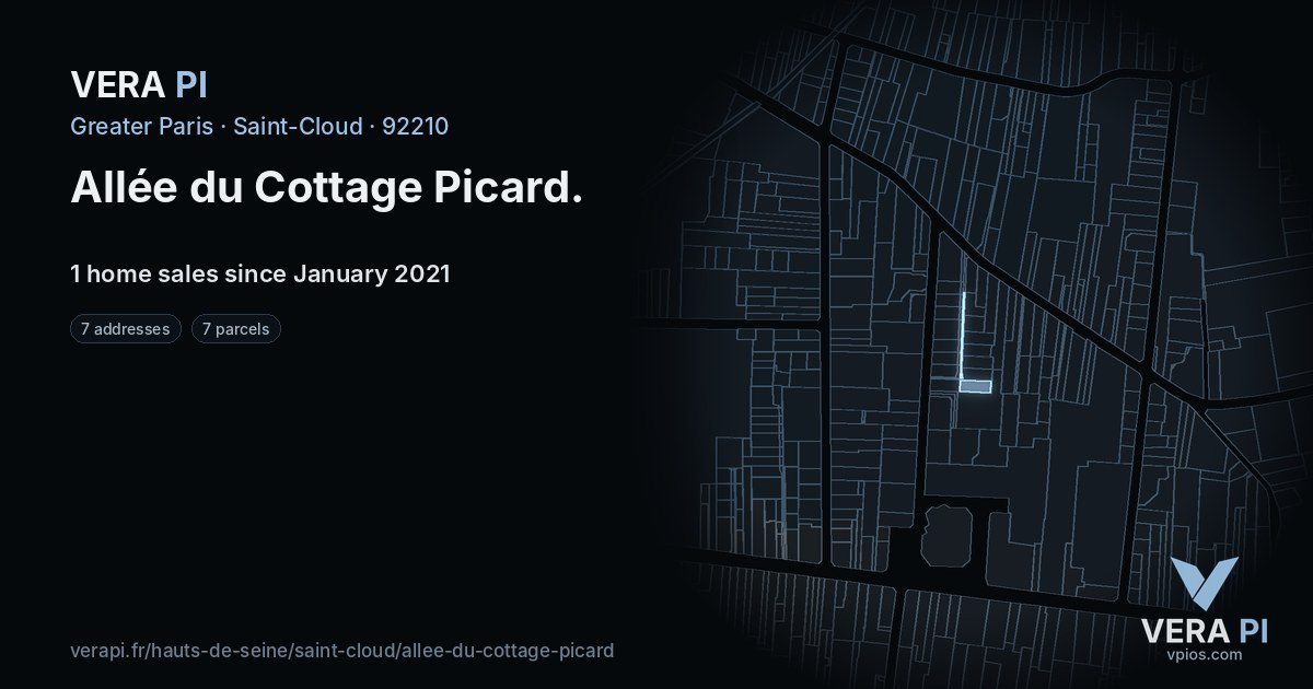 Allée du Cottage Picard, Saint-Cloud at night – every parcel coloured by the prices around it, the street's own parcels lit