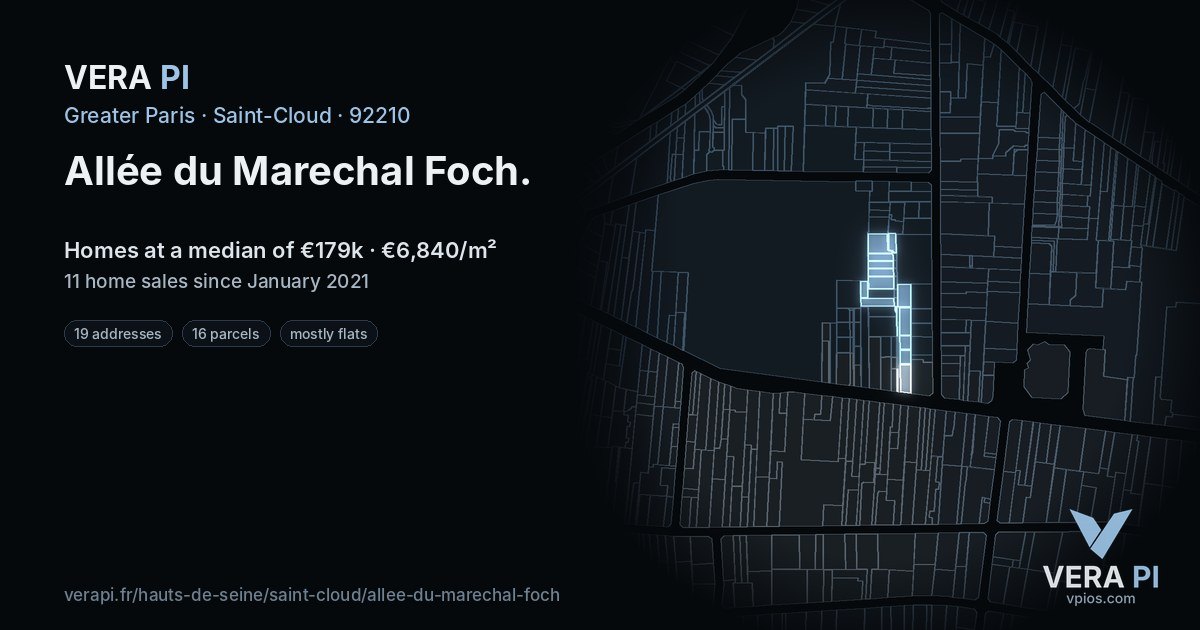 Allée du Marechal Foch, Saint-Cloud at night – every parcel coloured by the prices around it, the street's own parcels lit