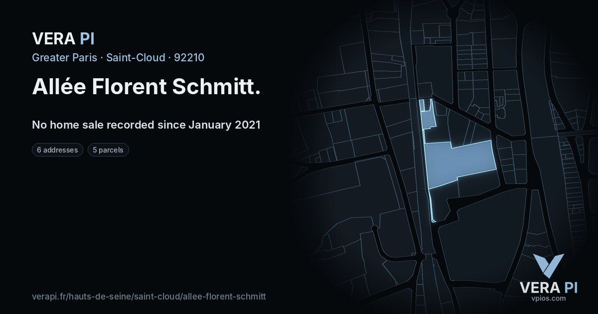 Allée Florent Schmitt, Saint-Cloud at night – every parcel coloured by the prices around it, the street's own parcels lit