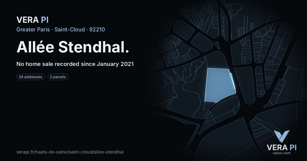 Allée Stendhal, Saint-Cloud at night – every parcel coloured by the prices around it, the street's own parcels lit