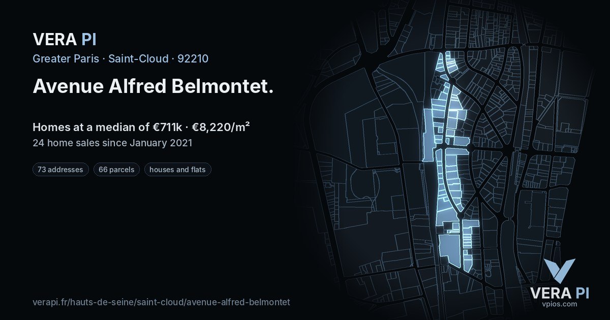 Avenue Alfred Belmontet, Saint-Cloud at night – every parcel coloured by the prices around it, the street's own parcels lit