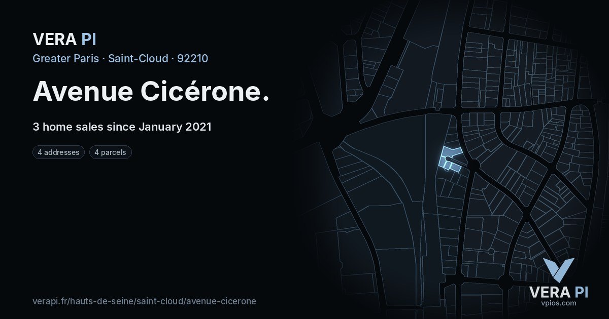 Avenue Cicérone, Saint-Cloud at night – every parcel coloured by the prices around it, the street's own parcels lit
