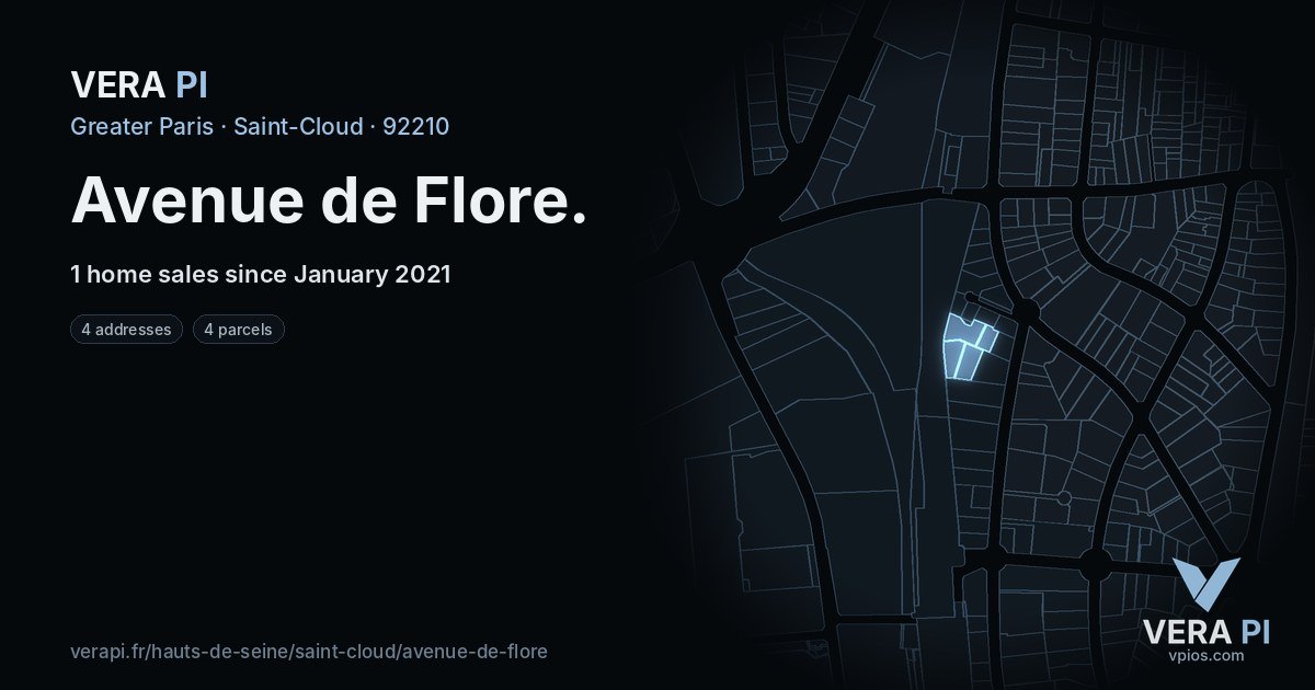 Avenue de Flore, Saint-Cloud at night – every parcel coloured by the prices around it, the street's own parcels lit