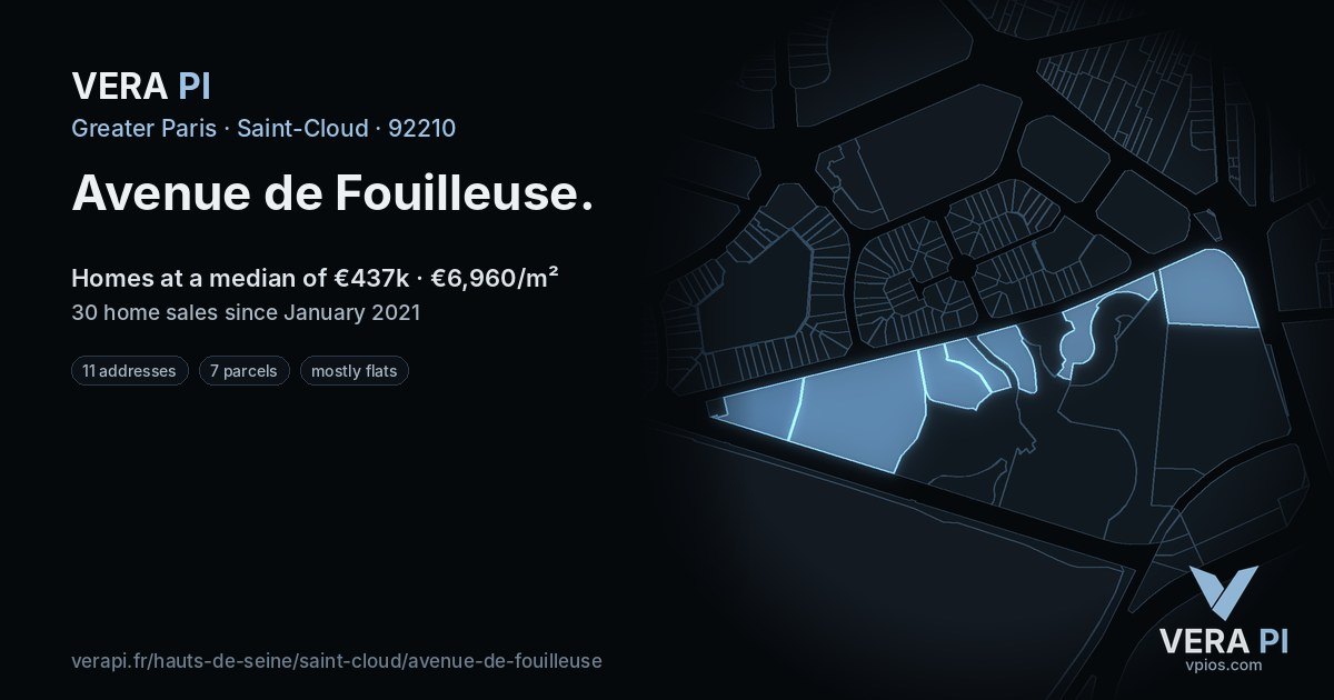 Avenue de Fouilleuse, Saint-Cloud at night – every parcel coloured by the prices around it, the street's own parcels lit