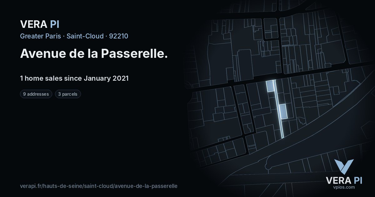 Avenue de la Passerelle, Saint-Cloud at night – every parcel coloured by the prices around it, the street's own parcels lit