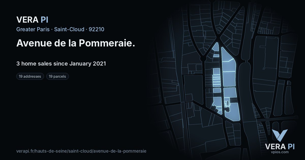Avenue de la Pommeraie, Saint-Cloud at night – every parcel coloured by the prices around it, the street's own parcels lit