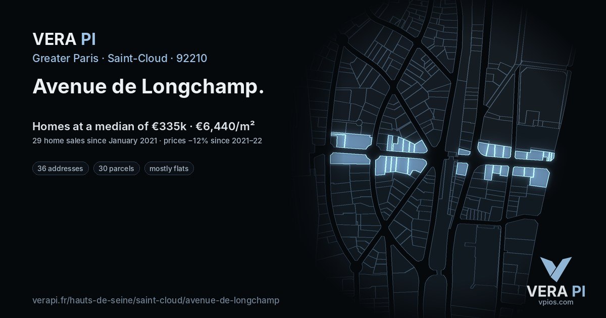 Avenue de Longchamp, Saint-Cloud at night – every parcel coloured by the prices around it, the street's own parcels lit