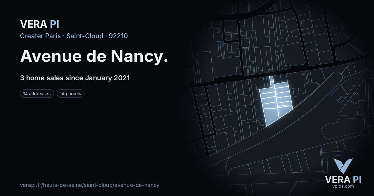 Avenue de Nancy, Saint-Cloud at night – every parcel coloured by the prices around it, the street's own parcels lit