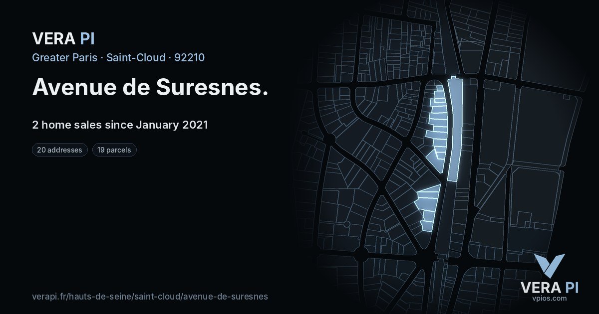 Avenue de Suresnes, Saint-Cloud at night – every parcel coloured by the prices around it, the street's own parcels lit