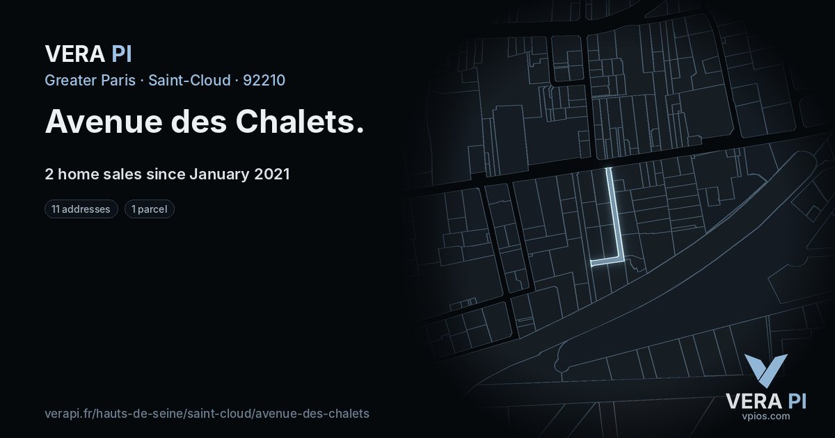 Avenue des Chalets, Saint-Cloud at night – every parcel coloured by the prices around it, the street's own parcels lit