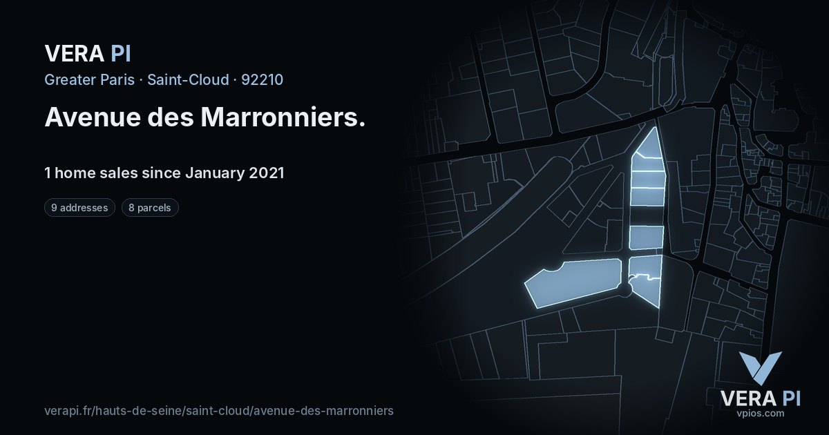 Avenue des Marronniers, Saint-Cloud at night – every parcel coloured by the prices around it, the street's own parcels lit