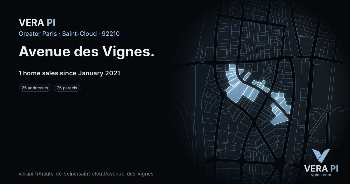 Avenue des Vignes, Saint-Cloud at night – every parcel coloured by the prices around it, the street's own parcels lit