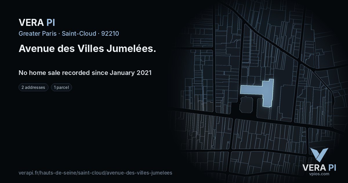 Avenue des Villes Jumelées, Saint-Cloud at night – every parcel coloured by the prices around it, the street's own parcels lit