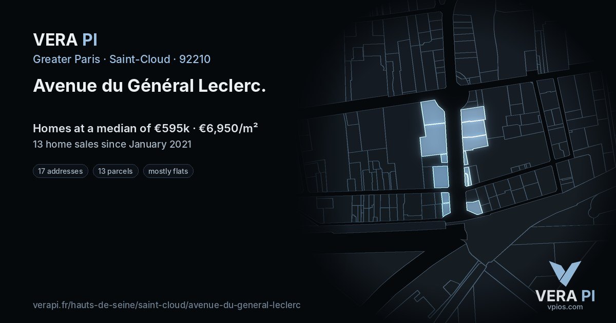 Avenue du Général Leclerc, Saint-Cloud at night – every parcel coloured by the prices around it, the street's own parcels lit
