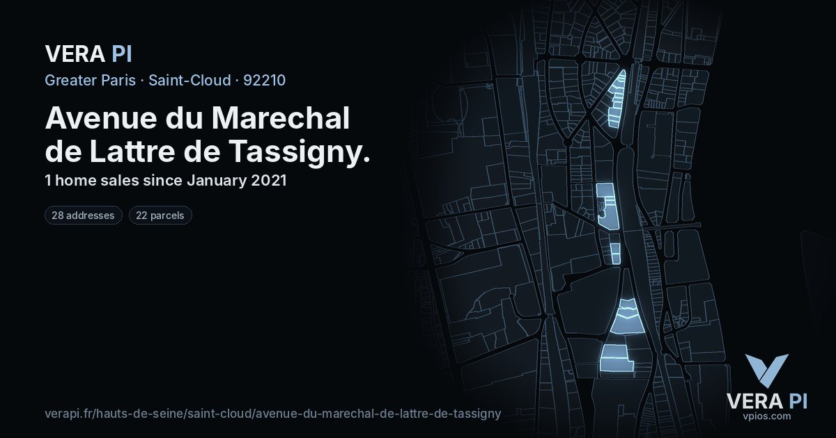 Avenue du Marechal de Lattre de Tassigny, Saint-Cloud at night – every parcel coloured by the prices around it, the street's own parcels lit