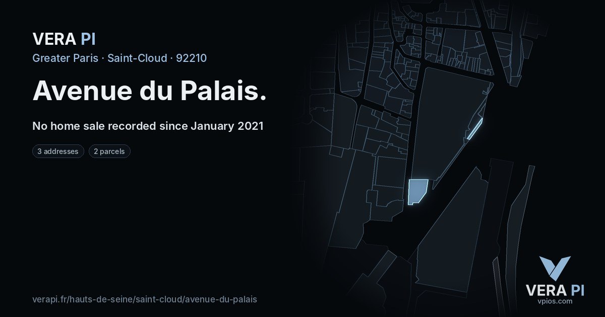 Avenue du Palais, Saint-Cloud at night – every parcel coloured by the prices around it, the street's own parcels lit