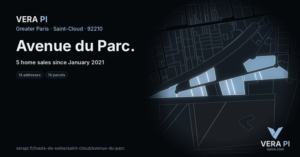 Avenue du Parc, Saint-Cloud at night – every parcel coloured by the prices around it, the street's own parcels lit