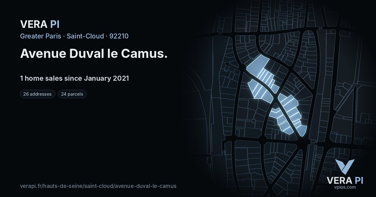 Avenue Duval le Camus, Saint-Cloud at night – every parcel coloured by the prices around it, the street's own parcels lit