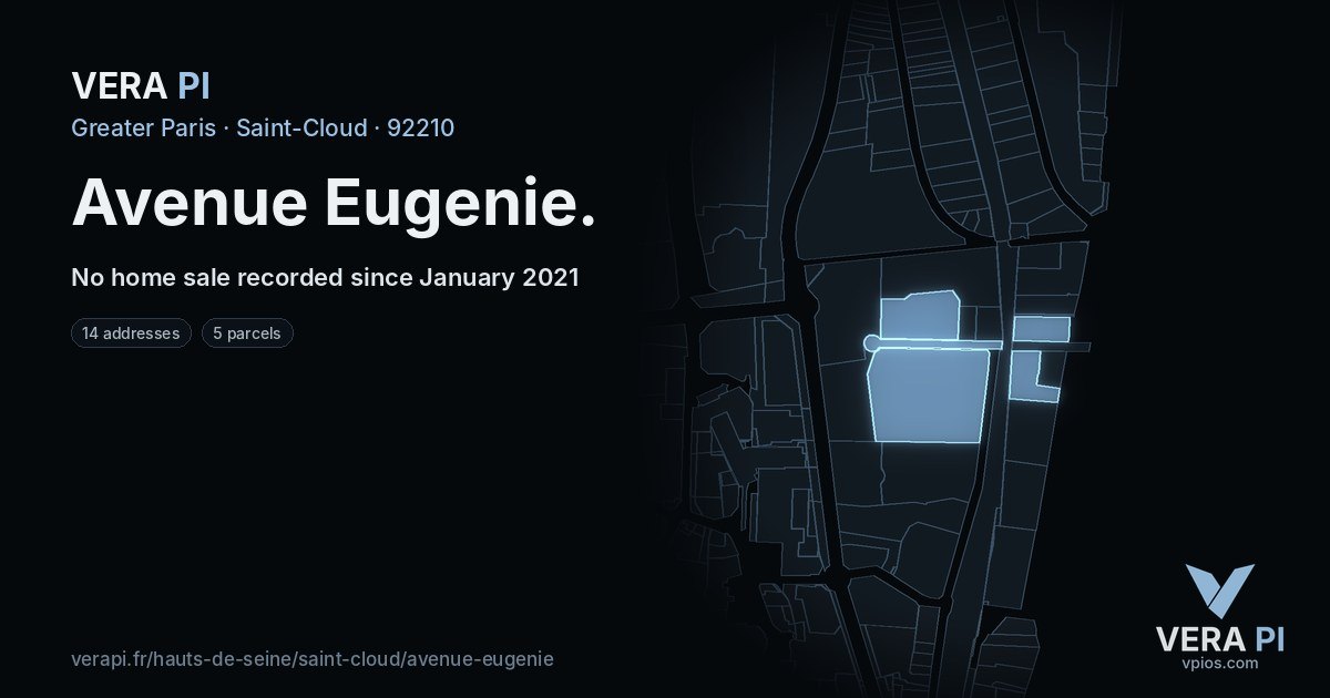 Avenue Eugenie, Saint-Cloud at night – every parcel coloured by the prices around it, the street's own parcels lit