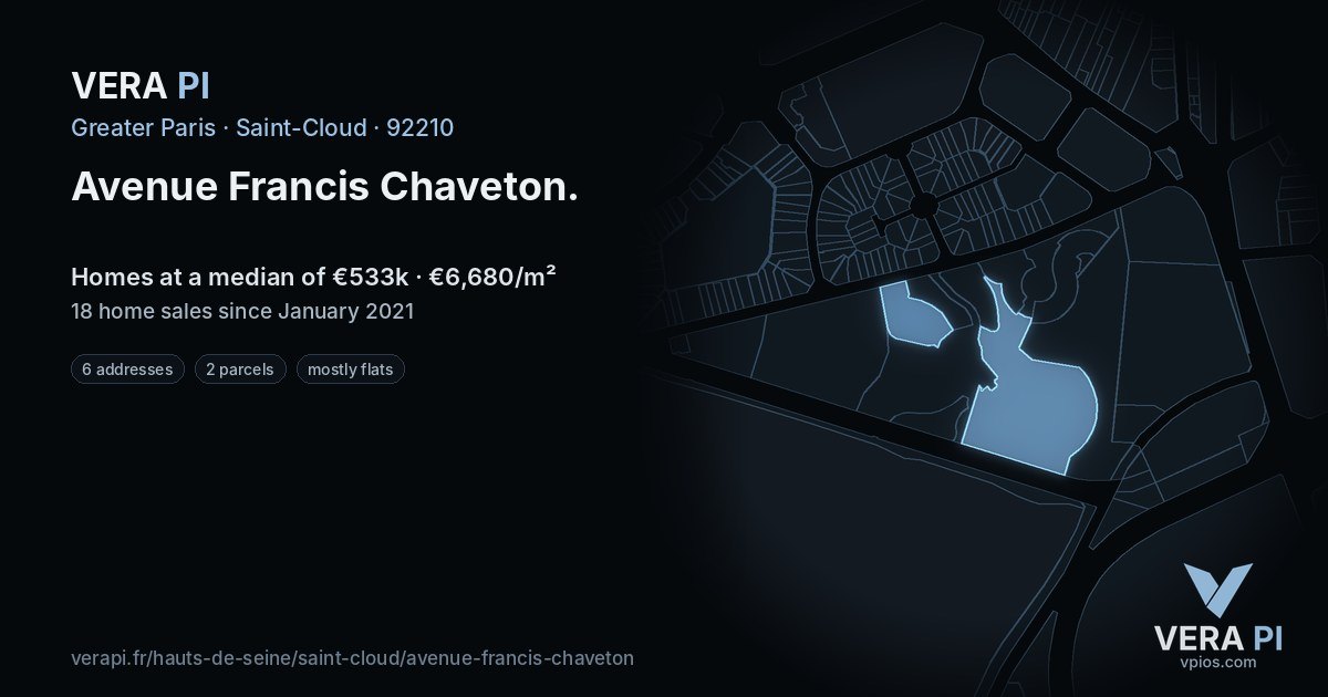 Avenue Francis Chaveton, Saint-Cloud at night – every parcel coloured by the prices around it, the street's own parcels lit