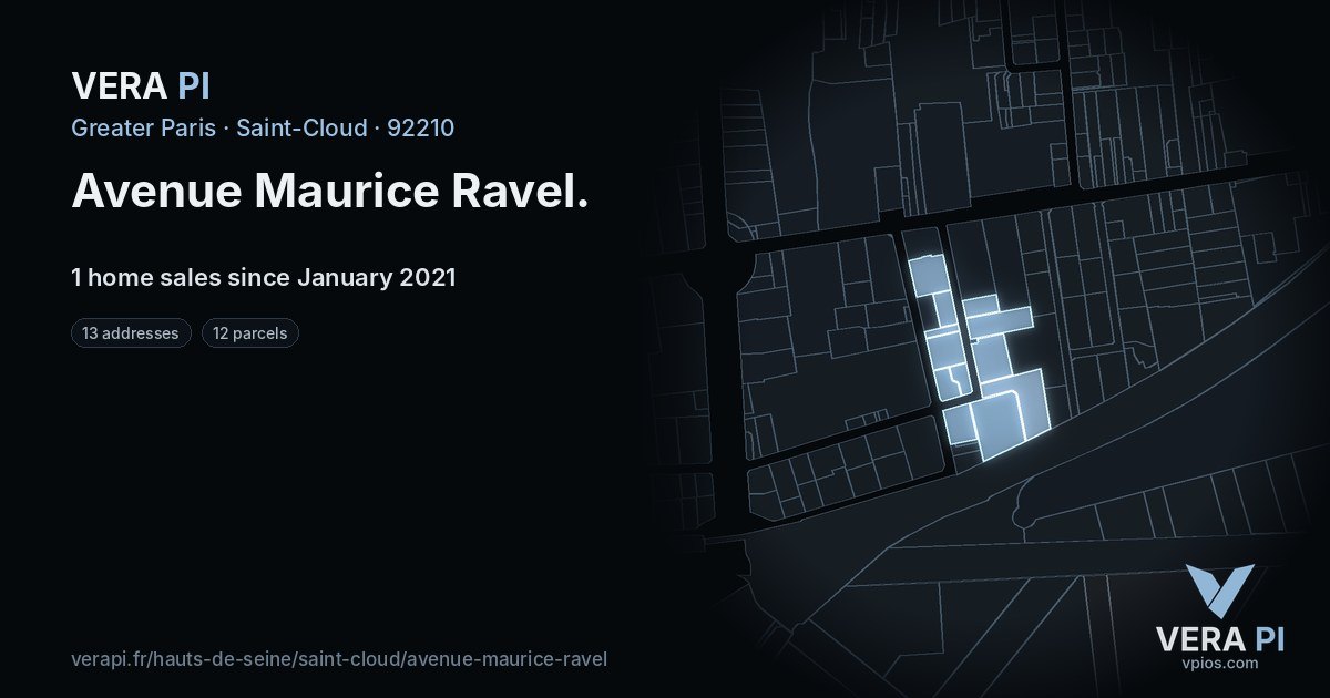 Avenue Maurice Ravel, Saint-Cloud at night – every parcel coloured by the prices around it, the street's own parcels lit