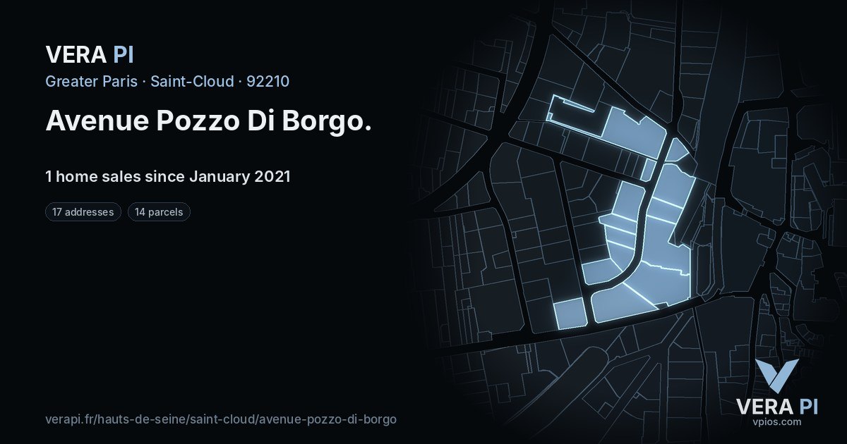 Avenue Pozzo Di Borgo, Saint-Cloud at night – every parcel coloured by the prices around it, the street's own parcels lit