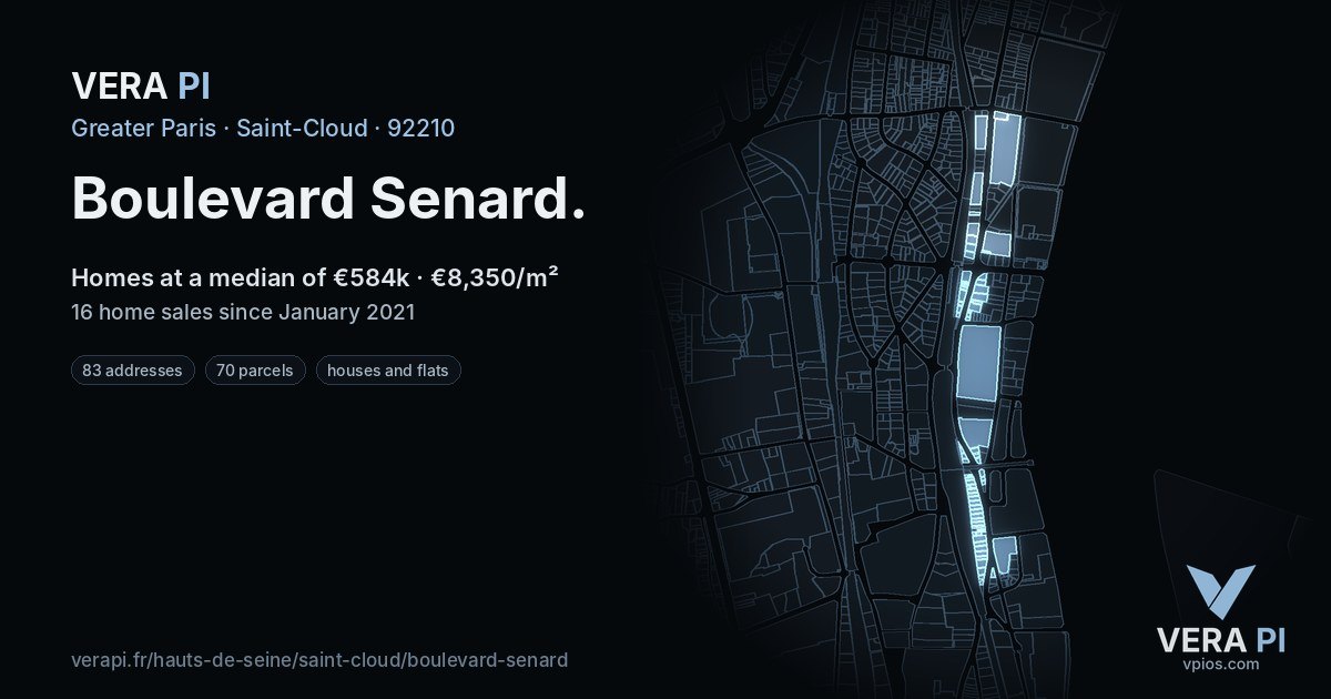 Boulevard Senard, Saint-Cloud at night – every parcel coloured by the prices around it, the street's own parcels lit