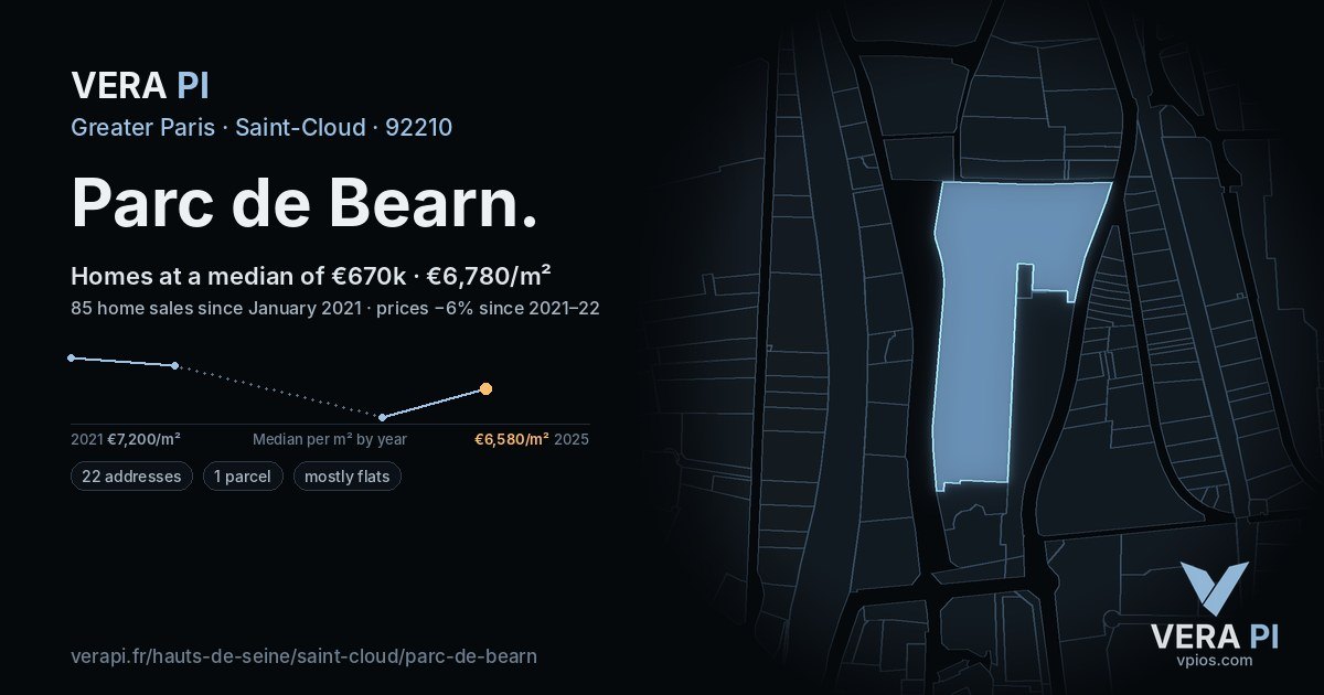 Parc de Bearn, Saint-Cloud at night – every parcel coloured by the prices around it, the street's own parcels lit