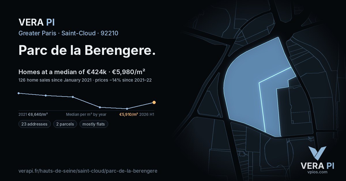 Parc de la Berengere, Saint-Cloud at night – every parcel coloured by the prices around it, the street's own parcels lit