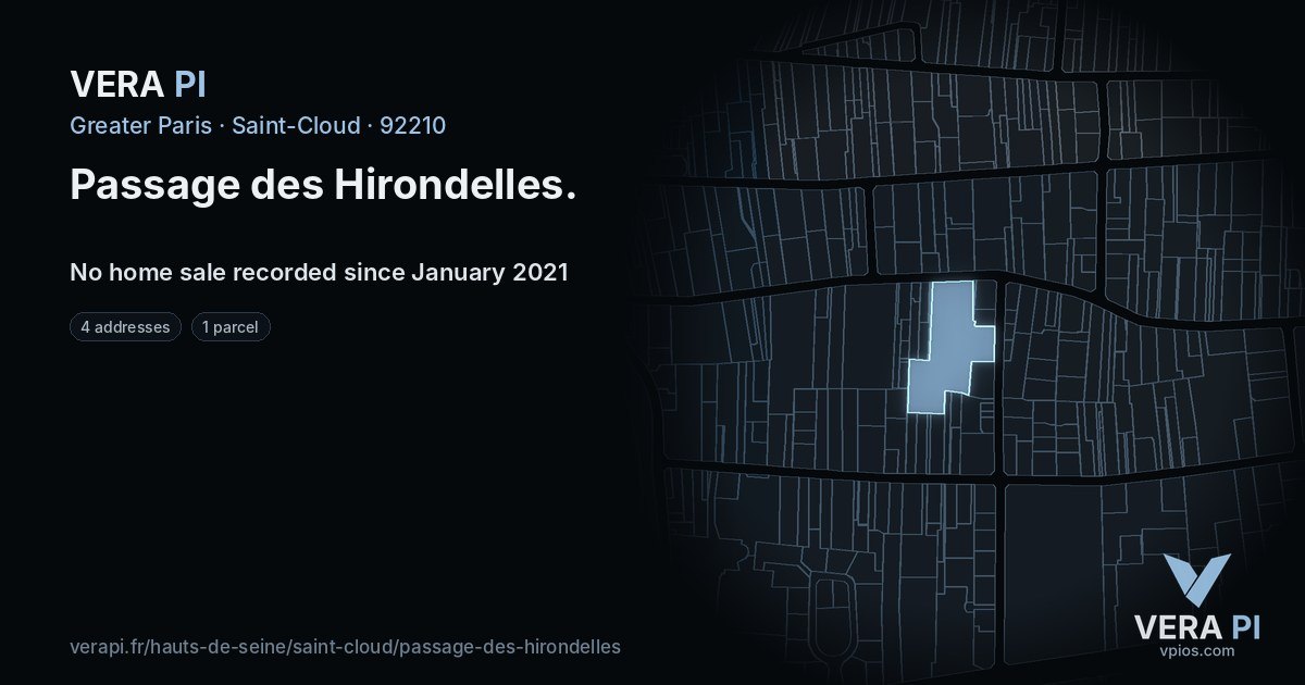 Passage des Hirondelles, Saint-Cloud at night – every parcel coloured by the prices around it, the street's own parcels lit