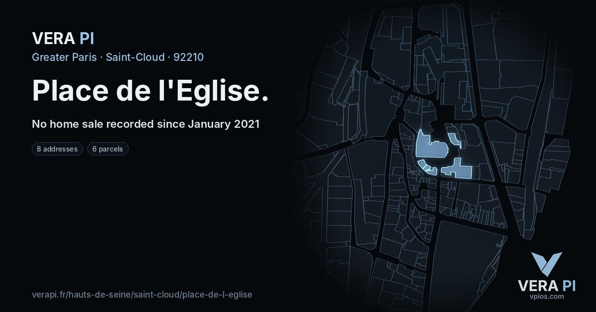 Place de l'Eglise, Saint-Cloud at night – every parcel coloured by the prices around it, the street's own parcels lit