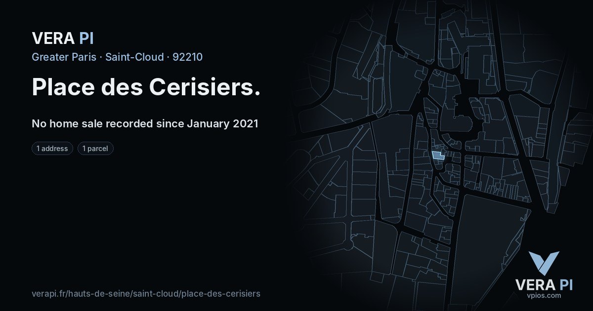 Place des Cerisiers, Saint-Cloud at night – every parcel coloured by the prices around it, the street's own parcels lit