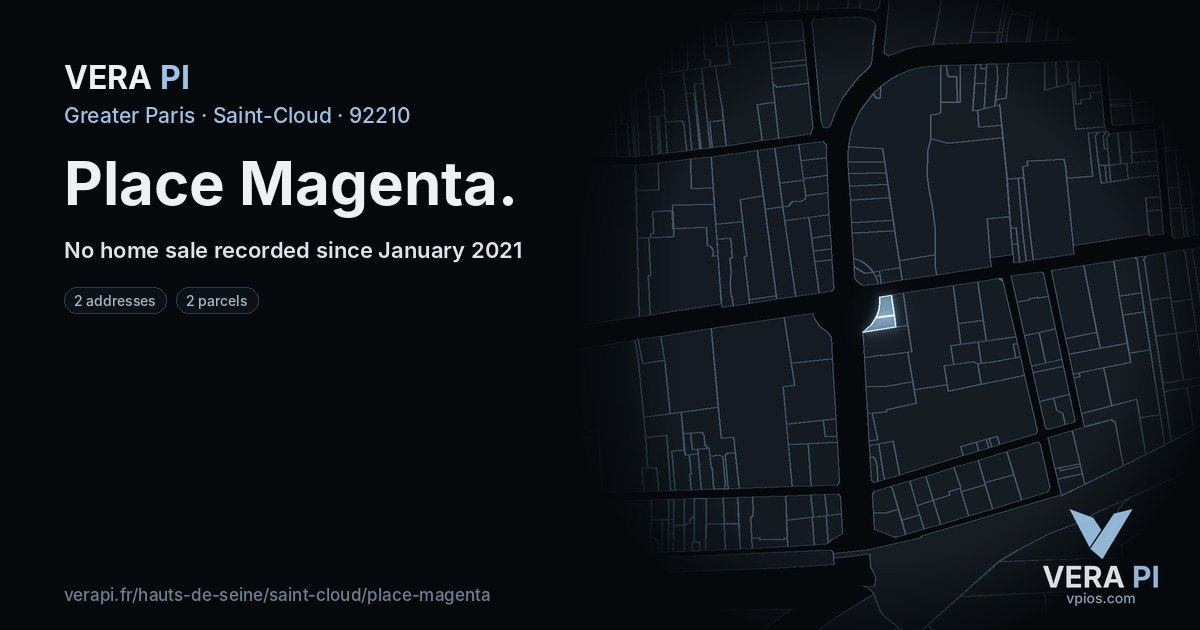 Place Magenta, Saint-Cloud at night – every parcel coloured by the prices around it, the street's own parcels lit