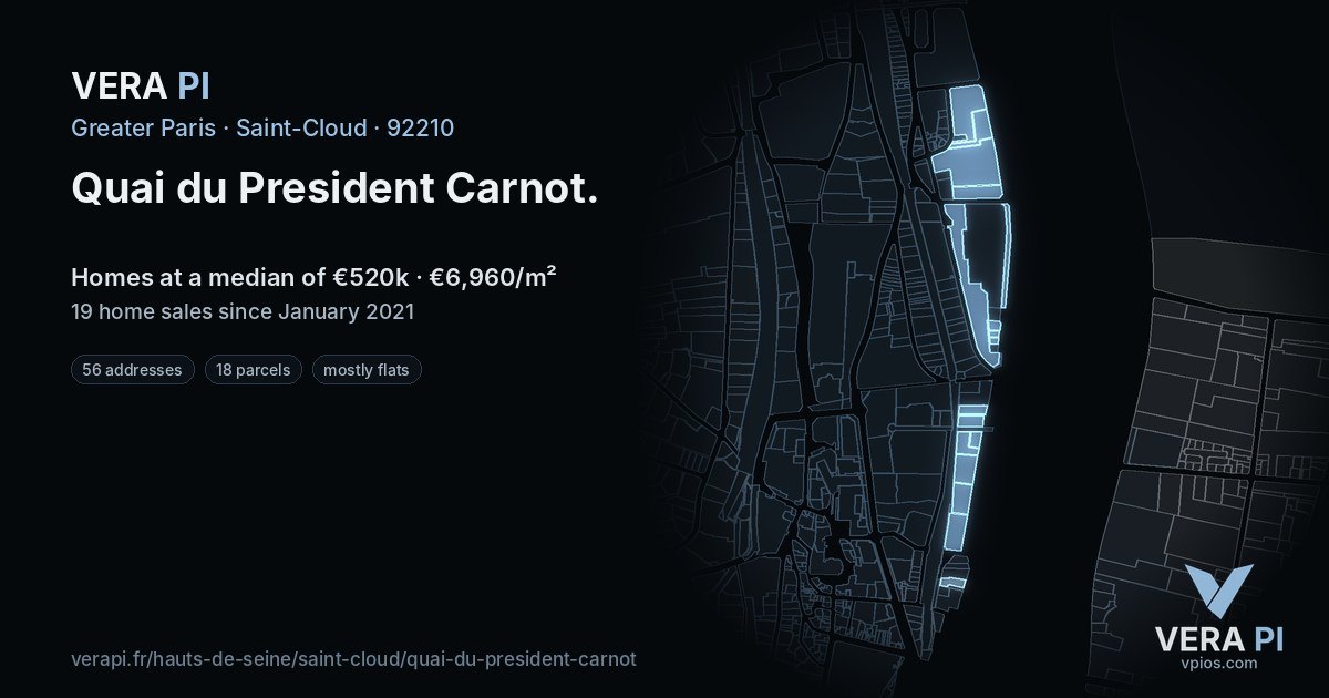 Quai du President Carnot, Saint-Cloud at night – every parcel coloured by the prices around it, the street's own parcels lit