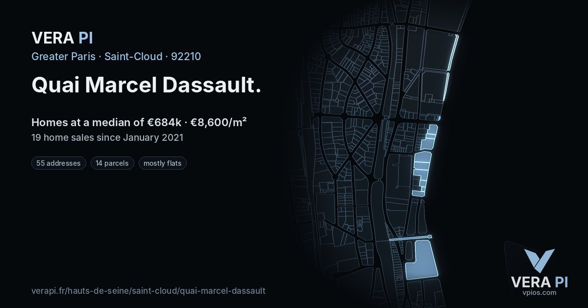 Quai Marcel Dassault, Saint-Cloud at night – every parcel coloured by the prices around it, the street's own parcels lit