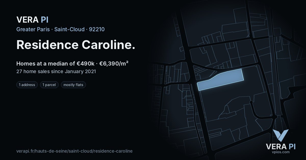 Residence Caroline, Saint-Cloud at night – every parcel coloured by the prices around it, the street's own parcels lit
