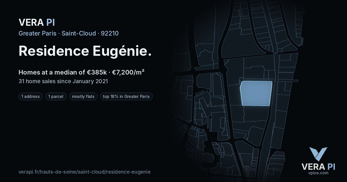 Residence Eugénie, Saint-Cloud at night – every parcel coloured by the prices around it, the street's own parcels lit