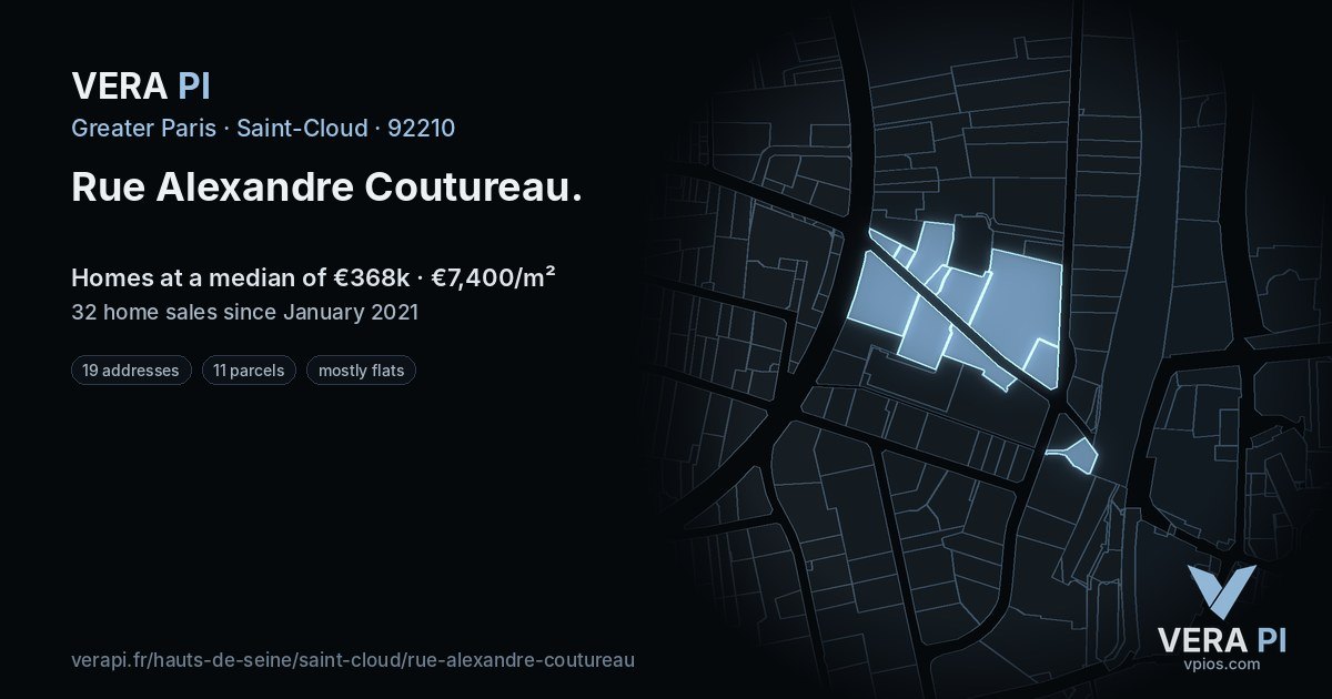 Rue Alexandre Coutureau, Saint-Cloud at night – every parcel coloured by the prices around it, the street's own parcels lit