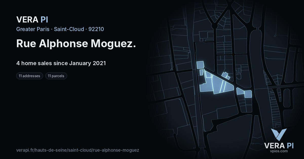 Rue Alphonse Moguez, Saint-Cloud at night – every parcel coloured by the prices around it, the street's own parcels lit