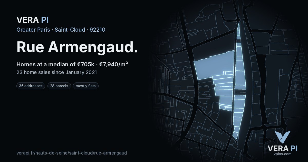 Rue Armengaud, Saint-Cloud at night – every parcel coloured by the prices around it, the street's own parcels lit