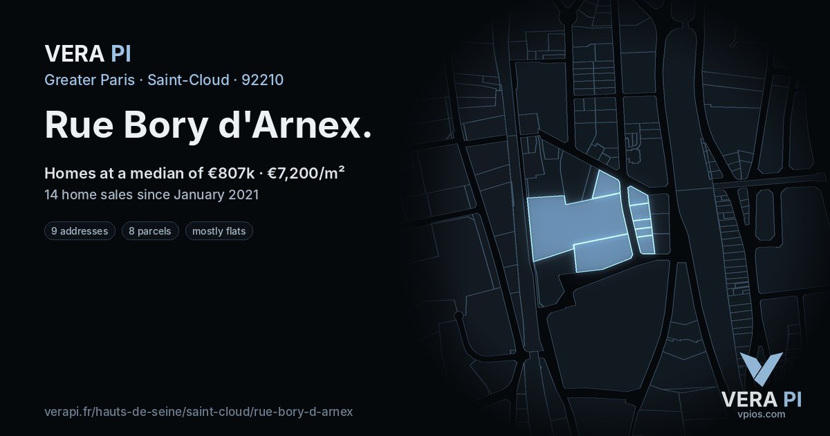 Rue Bory d'Arnex, Saint-Cloud at night – every parcel coloured by the prices around it, the street's own parcels lit