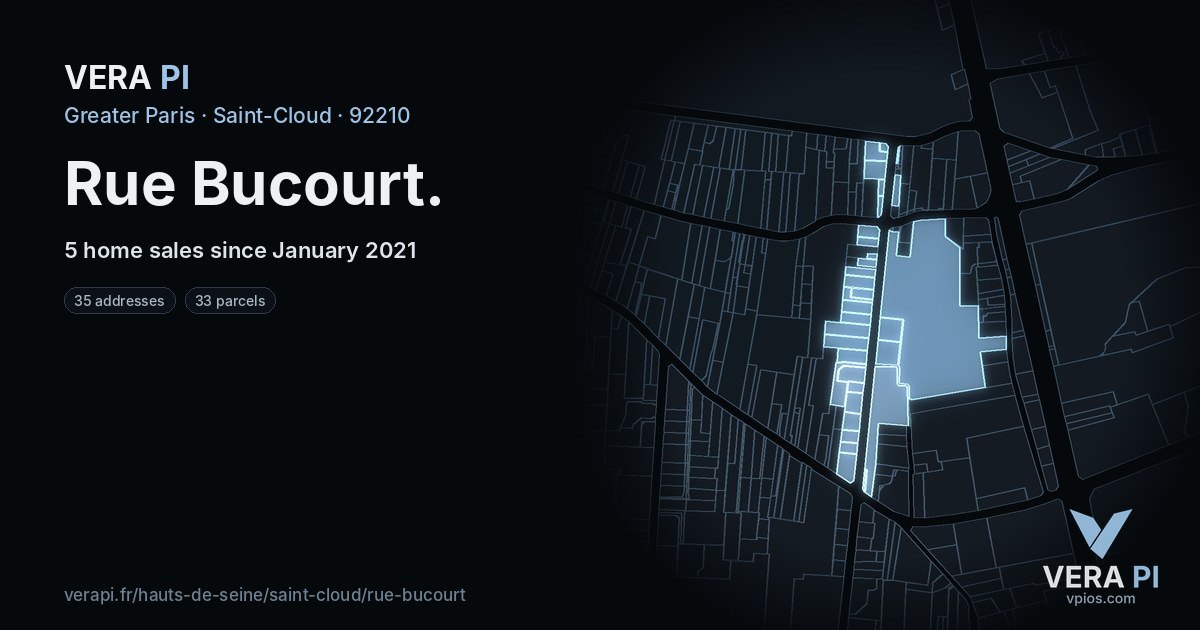 Rue Bucourt, Saint-Cloud at night – every parcel coloured by the prices around it, the street's own parcels lit