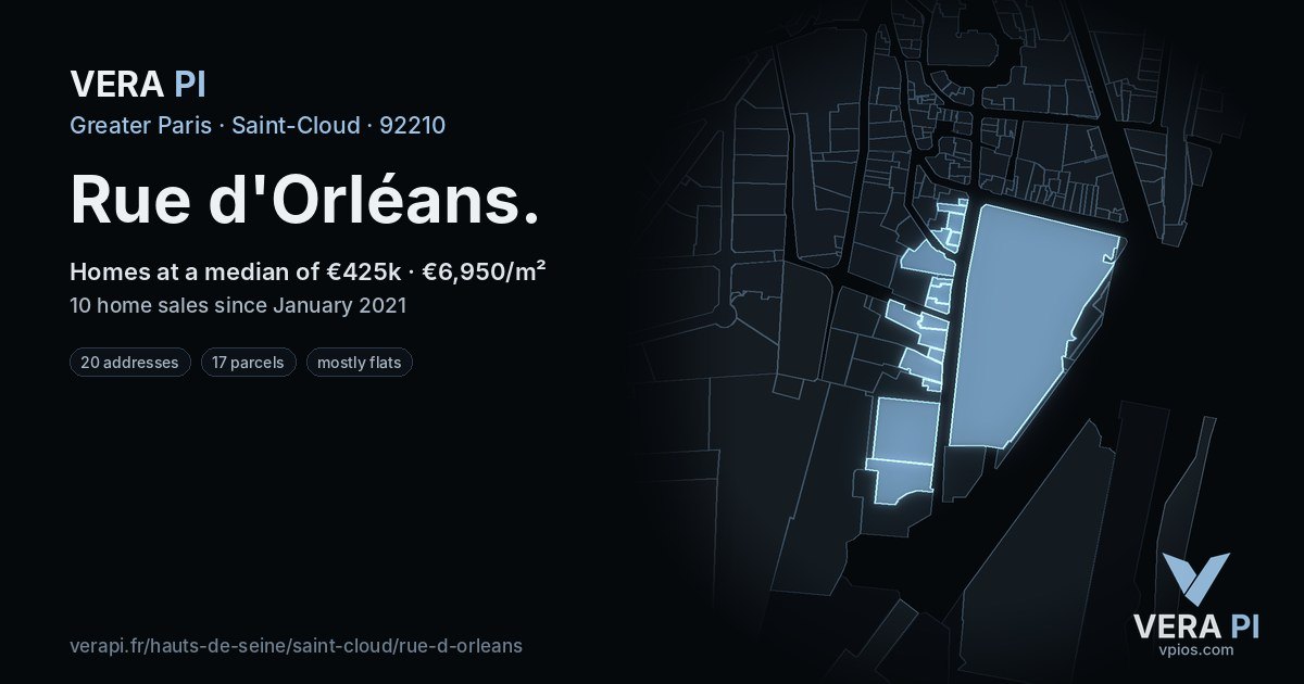 Rue d'Orléans, Saint-Cloud at night – every parcel coloured by the prices around it, the street's own parcels lit