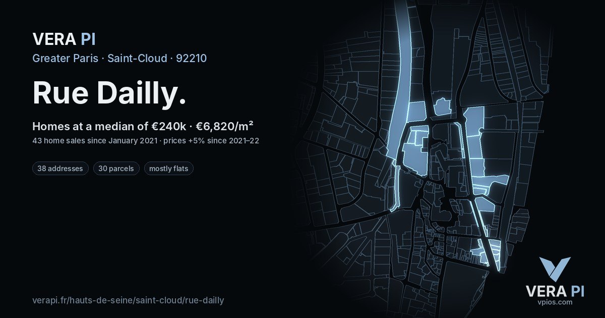 Rue Dailly, Saint-Cloud at night – every parcel coloured by the prices around it, the street's own parcels lit