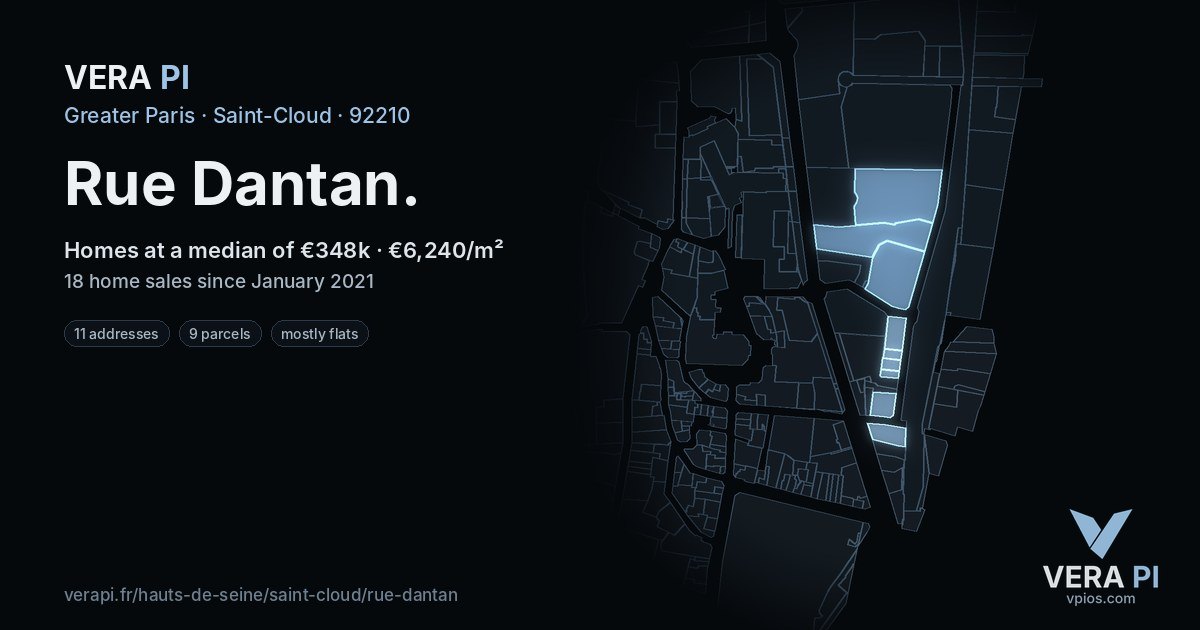 Rue Dantan, Saint-Cloud at night – every parcel coloured by the prices around it, the street's own parcels lit
