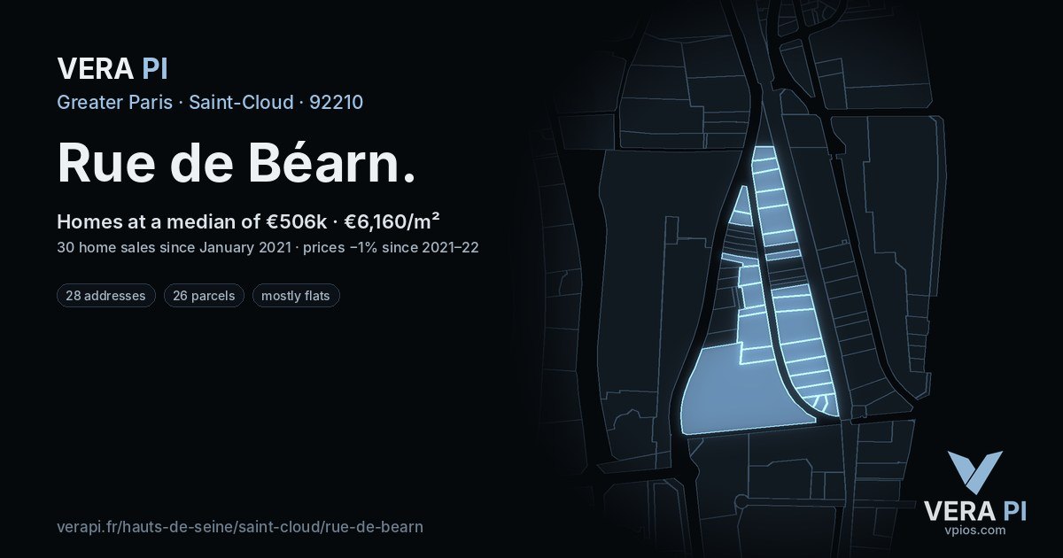 Rue de Béarn, Saint-Cloud at night – every parcel coloured by the prices around it, the street's own parcels lit