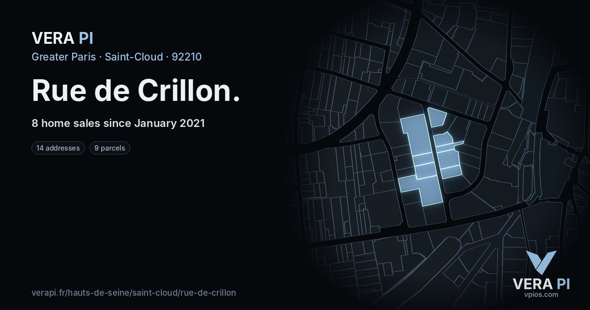 Rue de Crillon, Saint-Cloud at night – every parcel coloured by the prices around it, the street's own parcels lit